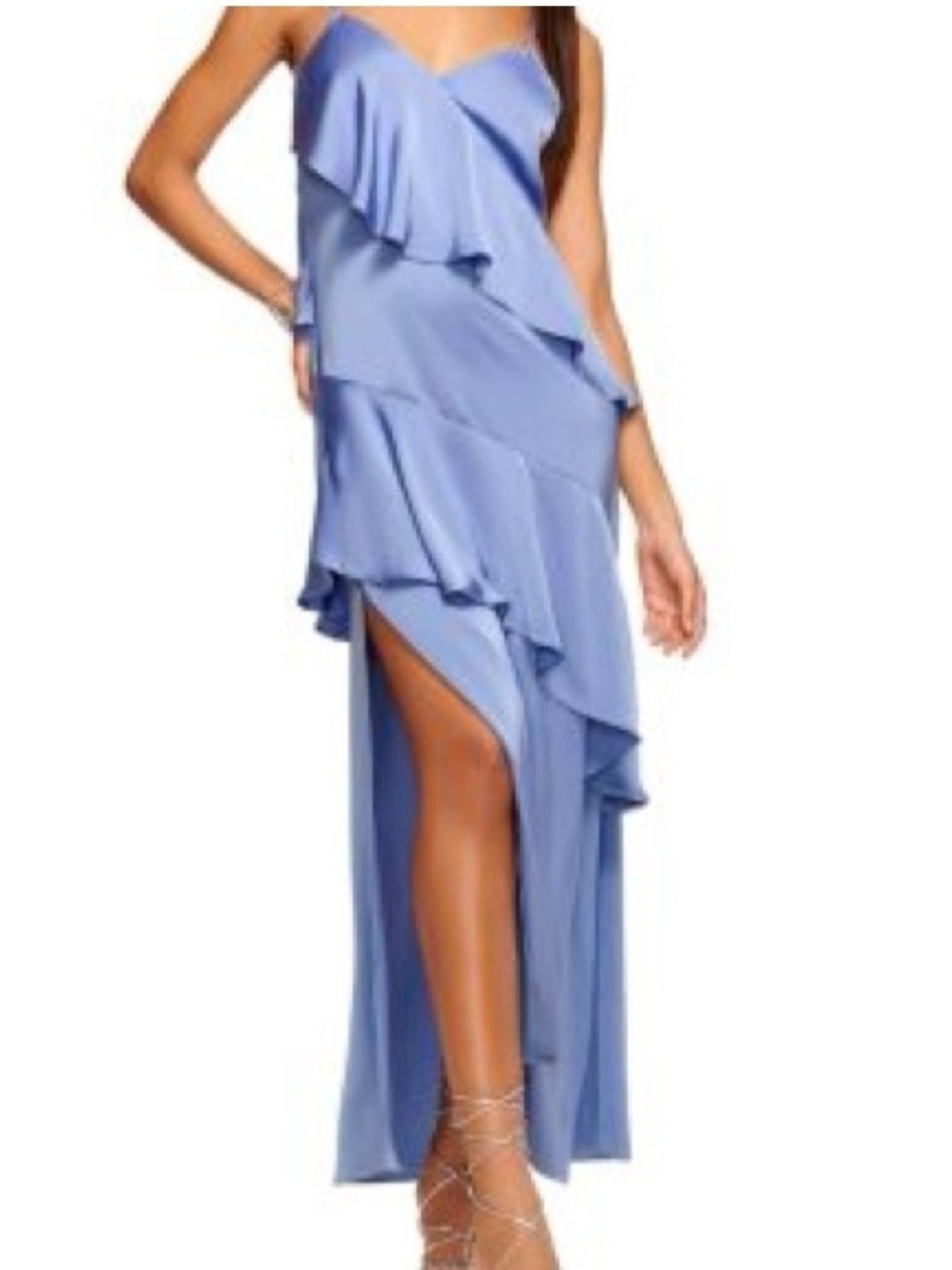 Ramy Brook Satin Slip Tiered Ruffle Maxi Dress Side Slit